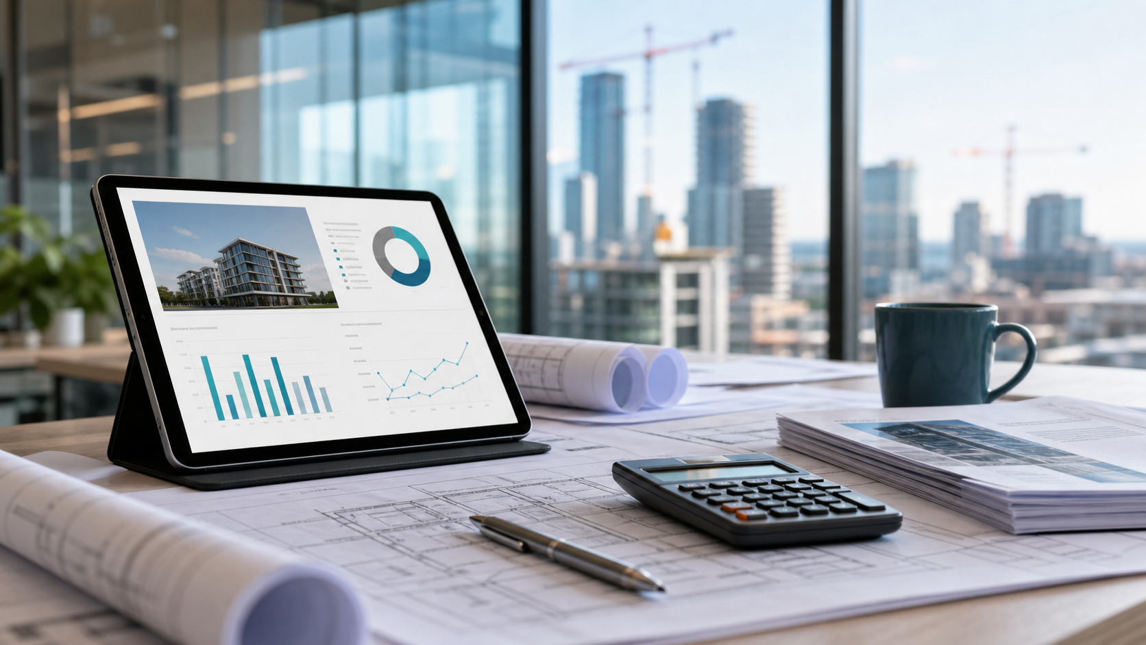 Quantity surveying report desk with building plans and property cost reporting